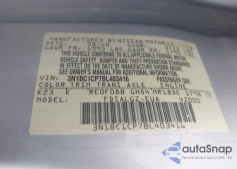 2011 Nissan Versa 1.8Sl из США, поврежденный, VIN 3N1BC1CP7BL403416